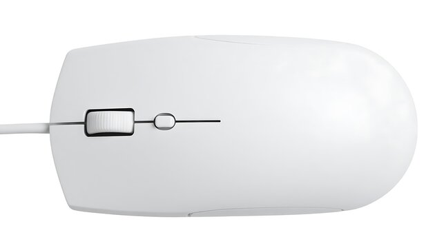 Isolated white computer mouse with scroll wheel and cable, viewed from above, simple design