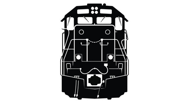 A high contrast black and white silhouette graphic of a diesel locomotive train engine viewed directly from the front side