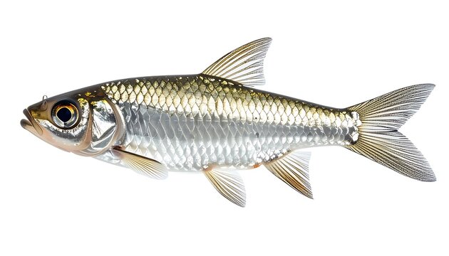 Isolated small schooling fish with silver scales and intricate fin patterns, cutout against white background