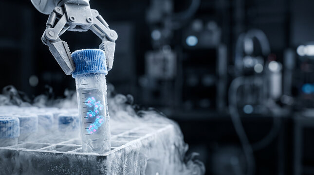 Robotic arm gripper retrieving frozen cryovial with cells, automated biobank and pharma 4.0 concept⁠