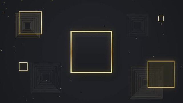 Abstract dark background with golden squares and subtle particle movement creating elegant motion.