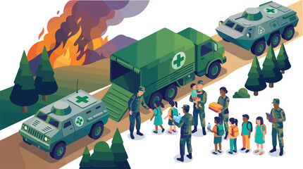 Obraz premium Military humanitarian aid operation with soldiers helping civilians and children near medical vehicles.
