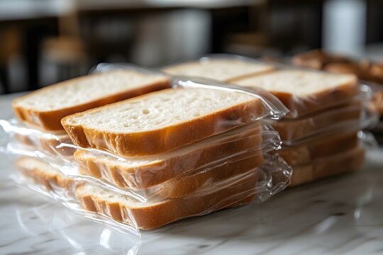 Stacks of fresh white bread slices individually wrapped in clear plastic on a marble surface.