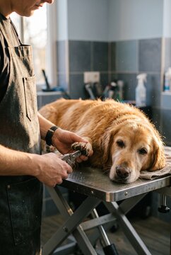 Professional male groomer trimming the nails of a calm Golden Retriever lying on a grooming table inside a pet care salon