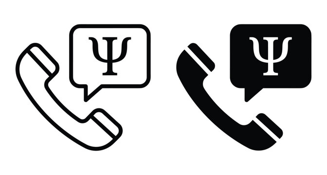 Psychology consultation icon set featuring telephone handset and speech bubble with psi symbol for mental health support and therapy services
