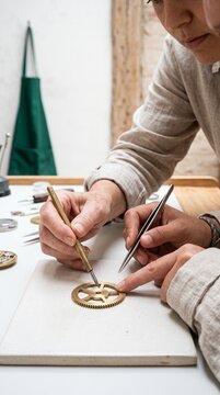 Close-up of a female artisan watchmaker meticulously assembling a brass clock gear using precision tools in a traditional workshop studio