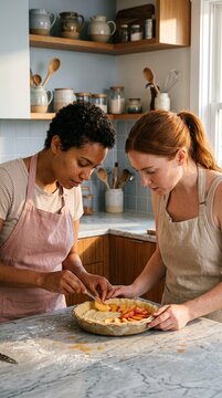 Two women wearing aprons preparing a homemade fresh fruit pie together on a marble kitchen countertop in warm sunlight
