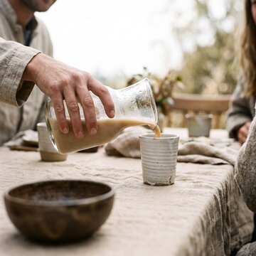 Close-up of a man pouring a creamy warm drink from a glass carafe into a ceramic cup on a linen table outdoors
