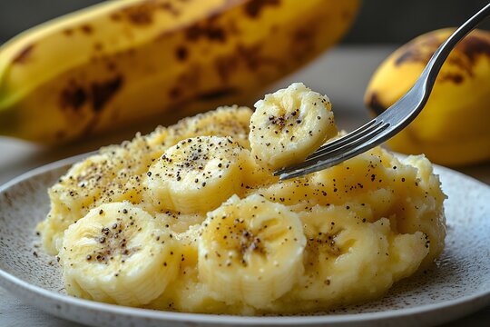 Close up of a fork picking up a slice of banana from a plate with mashed banana and poppy seeds