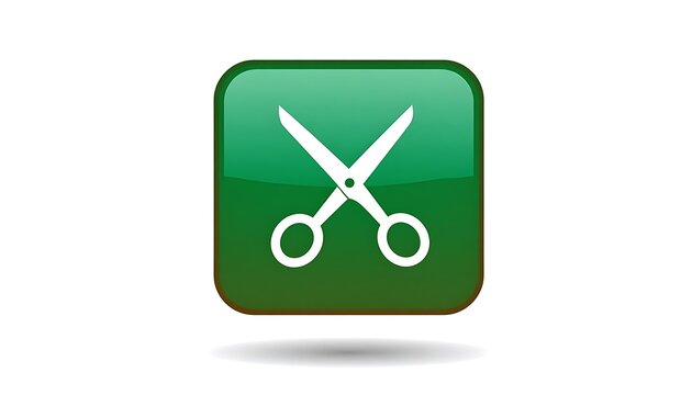 Isolated white scissors icon on a glossy green square button, symbolizing cutting or trimming, presented on a white background.