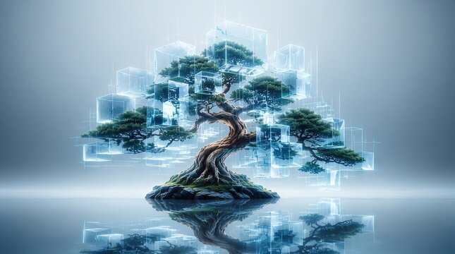 Futuristic digital bonsai tree with glowing data cubes, high-tech artificial intelligence nature concept, glowing blue holographic tree on reflective surface