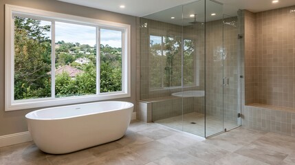 Fototapeta premium Contemporary bathroom features a chic freestanding tub positioned by a wide window, offering views of a verdant outdoor.