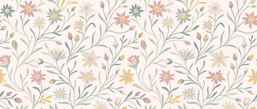 Seamless floral pattern with delicate pastel daisies and buds on a light background. Vector illustration.