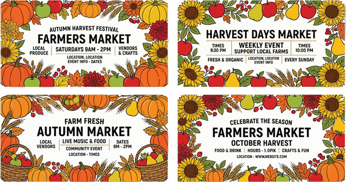 Autumn farmers market flyer design templates set with pumpkins and sunflowers pumpkins sunflowers template seasonal vegetables illustration celebration agriculture vegetable invitationautumn farmers, 