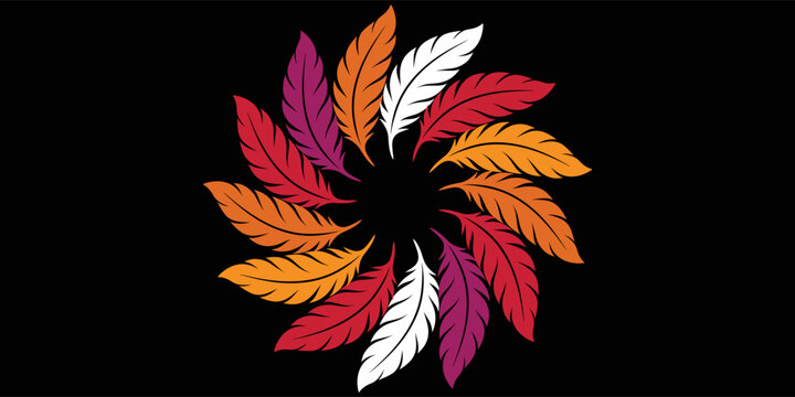 Colorful feather circle frame on black background, abstract bohemian feather wreath vector illustration, tribal radial mandala emblem, vibrant plume border design for logo and party invitation.