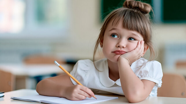 a little schoolgirl sitting at a desk at school