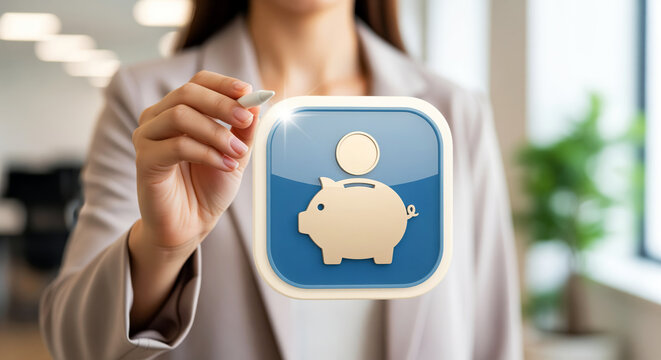 Moneybox piggy icon waiting for a silver coin, patient saving emblem about small deposits, growing change jars and first bank accounts in children money lessons and family saving publications