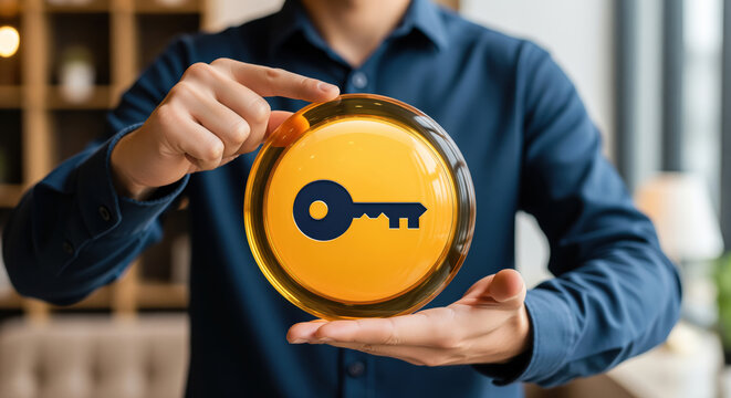 Solution key icon laid on a bright round disc, answer emblem opening tough questions, business puzzles and fresh ideas welcomed by problem solving stories and strategy advice publications