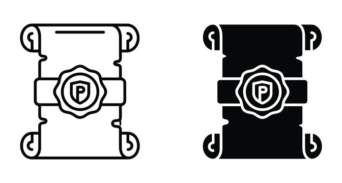 Patent scroll icon set with shield seal and letter P for legal document protection intellectual property rights and security certification