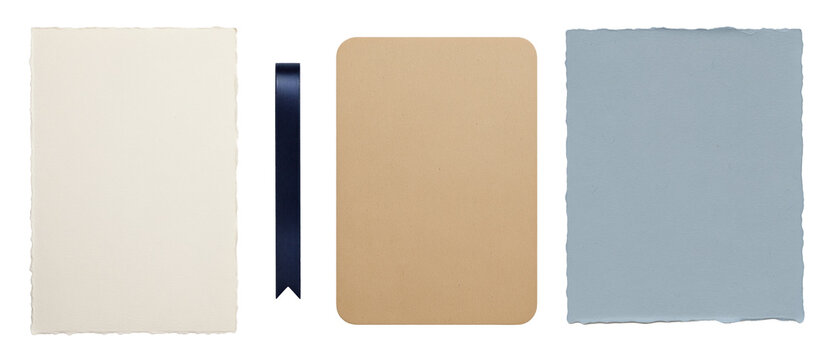 Textured deckle edge cotton paper sheets and rounded kraft cardboard tag for creative scrapbooking moodboard layout creation, isolated with a satin ribbon bookmark