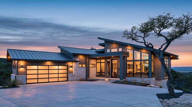 Stunning contemporary house features a unique angled roofline and expansive windows at dusk, illuminated by interior lights.