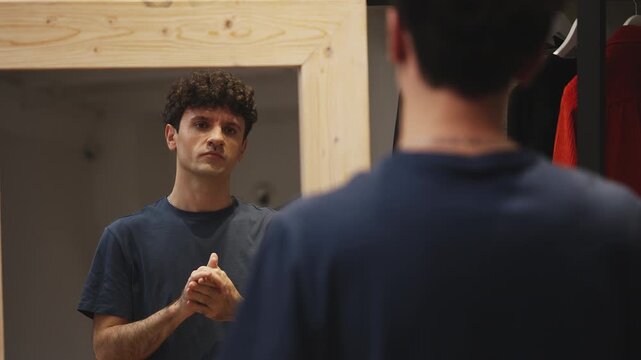 Young man displeased with his mirror reflection, adjusting hairstyle, insecurity