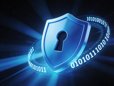 Blue shield with keyhole and binary code