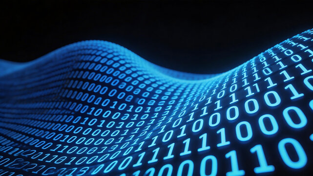 Binary code wave on dark background