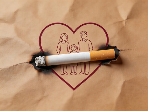 Cigarette through heart with family