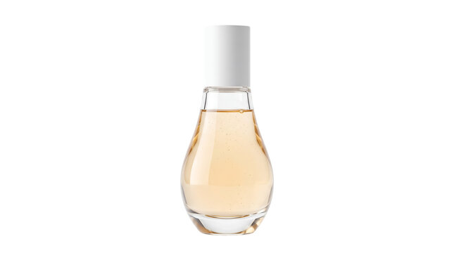 Clear glass perfume bottle with golden liquid and white cap