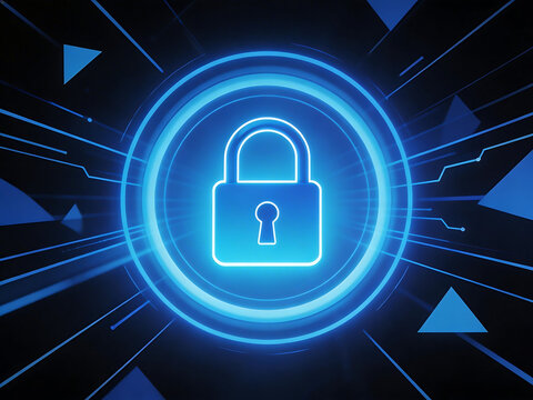 Blue glowing padlock on digital background