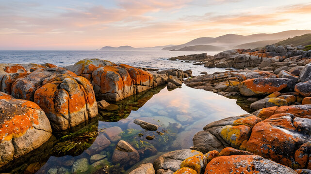 Dramatic coastal landscape with orange lichen covered rocks and calm ocean at sunset