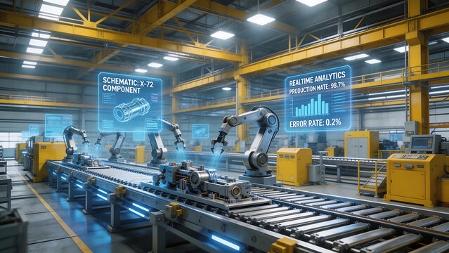 Automated factory assembly line with robots