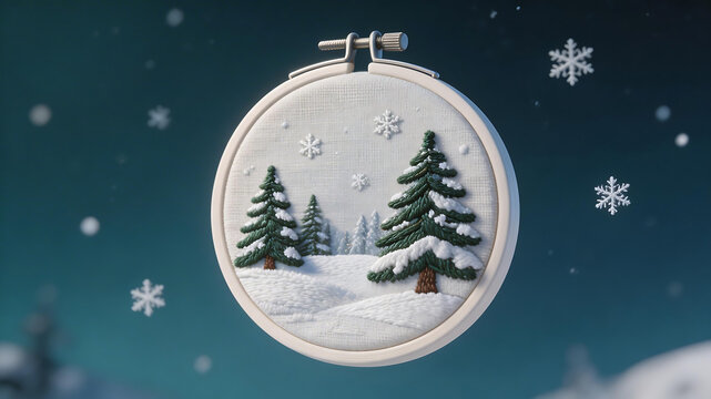 Embroidered winter forest scene