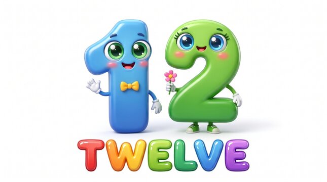 3D Cute Blue and Green Cartoon Number 12 Characters Holding Flower with Word TWELVE Below Isolated on White Background for Children Learning and School Visuals