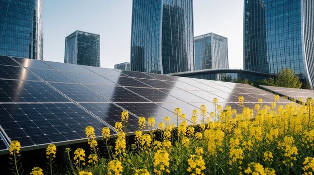 Modern solar panels stand before tall glass skyscrapers in city. Bright yellow flowers bloom next to renewable energy source. Clean electricity generation equipment integrates with urban landscape.
