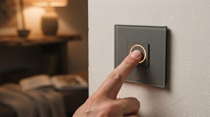 Naklejka premium Close-up view of a hand pressing a circular illuminated electronic wall switch in a modern interior