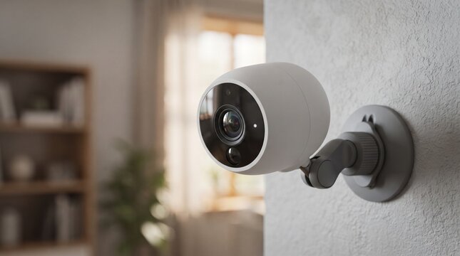 Modern white round indoor security camera mounted on a bright residential wall, illustrating home security, wireless surveillance systems, smart home technology