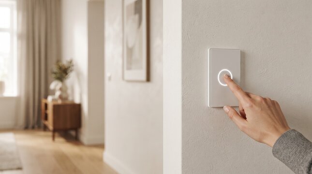 Person using a finger to push a modern round illuminated light switch on a white wall, displaying elegant home lighting fixtures, smart interior controls