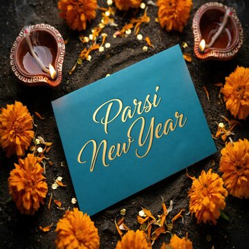Parsi New Year greeting card with diyas and orange flowers. Festive design.