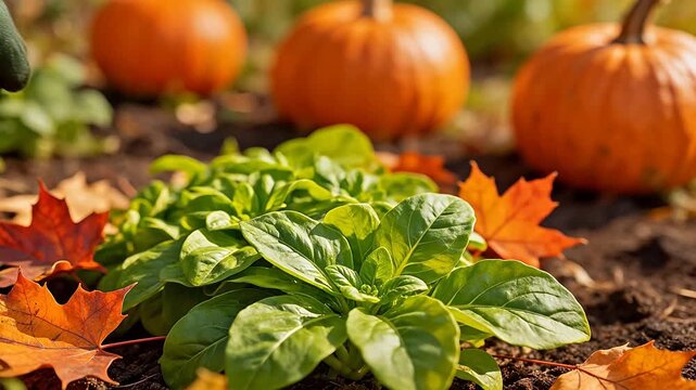 Gloved hand touching green plant with pumpkins