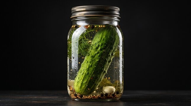 A single fresh green cucumber immersed in clear brine inside a transparent glass jar on a dark background