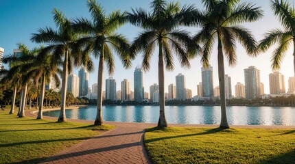 Obraz premium Palm trees line a pathway beside a blue lagoon with a city skyline. Buildings rise behind water reflecting sunlight. Green grass and paved walkway create park scene. A calm urban waterfront.