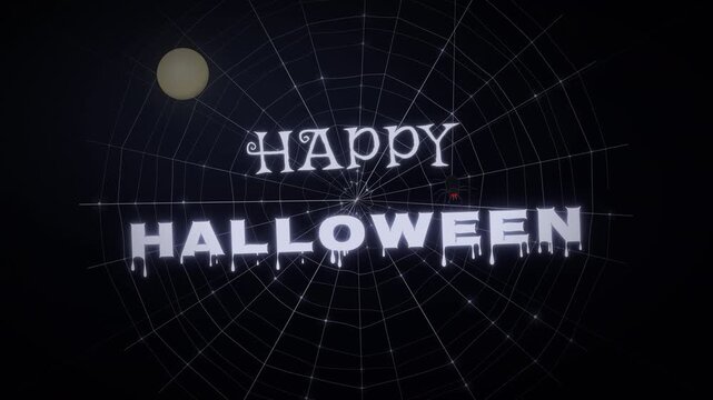 Happy Halloween animated text appearing on a spider web with full moon