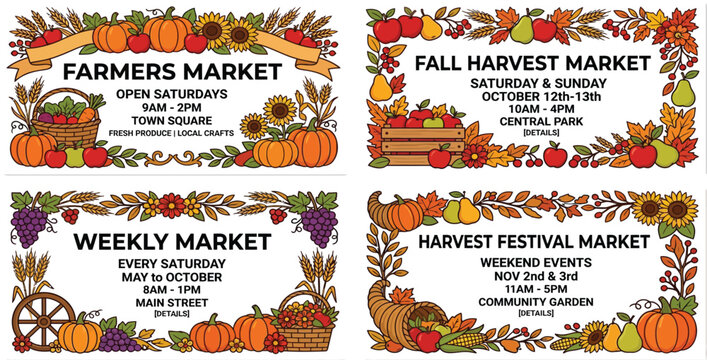 Harvest festival farmers market flyer templates featuring pumpkins and crops festival pumpkins template vegetables sunflowers celebration seasonal november cornucopia announcement business