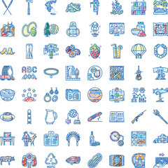 Fototapeta premium Diverse collection of hand drawn icons in doodle style, representing various objects, concepts, and daily life items, depicting a wide range of themes for design and illustration