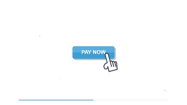 A mouse cursor hand clicking a blue button with the text Pay Now for online checkout