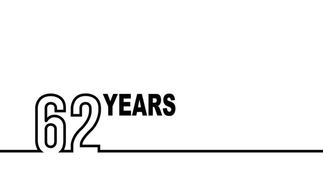 62 years anniversary or birthday isolated on white background. Linear outline graphics. 62 year celebration and congratulation design element. Can be used for printing materials, covers, reports.