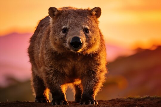 Wombat portrait with thick brown fur standing against warm golden sunset hills backdrop