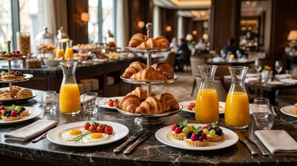 Fototapeta premium Delicious breakfast items including fruit tarts, croissants, and fresh juice served in a luxury hotel setting.